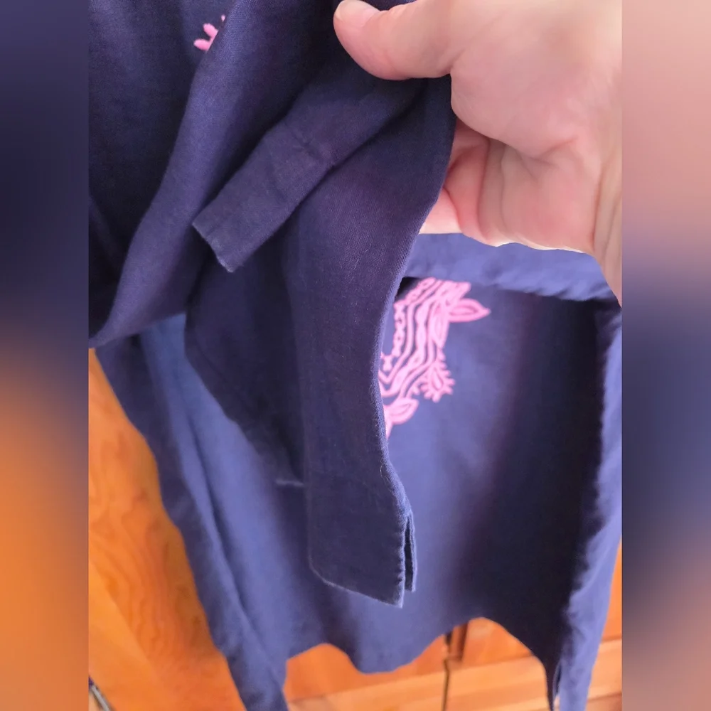 Lily Pulitzer Navy Blue Linen Tunic With Pink Embroidery Size Medium - Picture 4 of 8